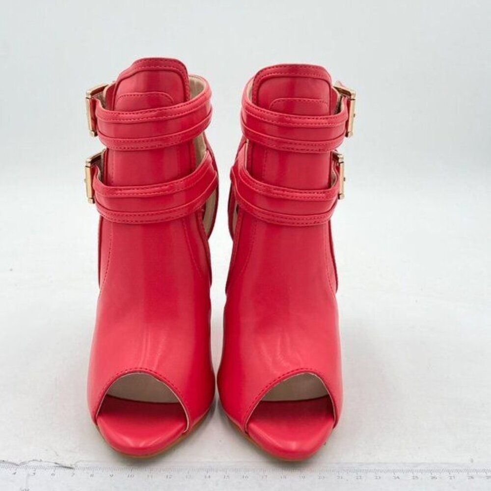 XYD Fuchsia Peep Toe Booties Style Pumps Fancy Cylindrical Crystal Heels Shoes - Picture 3 of 8